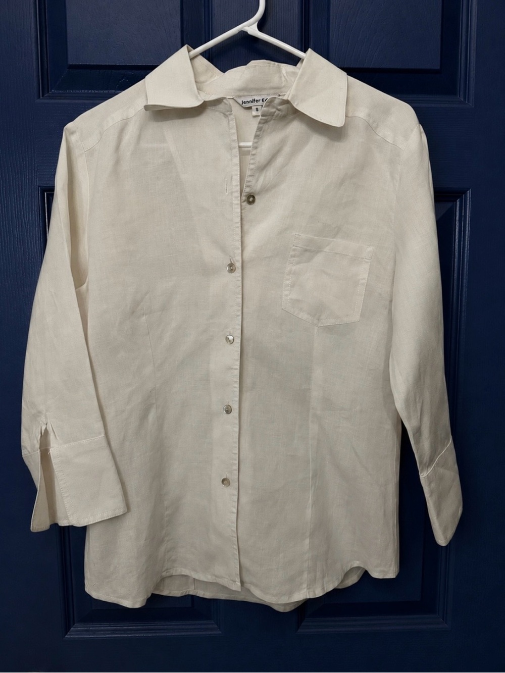 Jennifer Eden White 100% Ramie Button Down Shirt 3/4 Sleeve Blouse Small